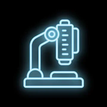 Neon microscope icon glowing on dark background Stock Illustration