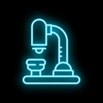 Neon microscope icon glowing on dark background Illustrazione stock