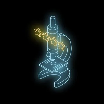Neon microscope receiving five stars rating, isometric view on black backgrou Stock Illustration