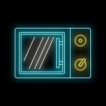 Neon microwave oven icon creating glowing kitchen appliance sign Stock Illustration