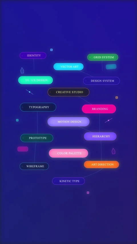 Neon mind map flowchart glowing node network dark tech motion graphic Video stock 347059257
