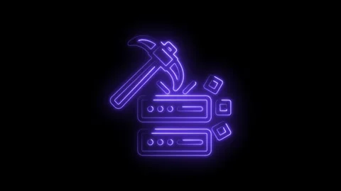 Neon mining pickaxe striking digital blocks cryptocurrency mining concept Stock Footage 333952927