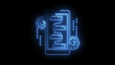 Neon mobile app development process with gears and data flow animation Stock Footage 316675234