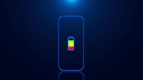 Neon mobile battery indicator visual bright multicolor levels, outlined phone sh Stock Footage 340479578