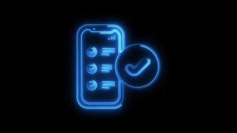 Neon mobile checklist with checkmark confirmation glow on black background .. Stock Footage 308459254