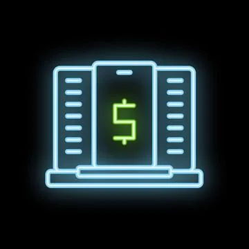 Neon mobile payment with dollar sign on laptop screen Stock Illustration