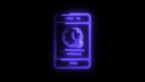 Neon mobile phone clock app with timer cancellation glowing on black backgrou Stock Footage 308606532