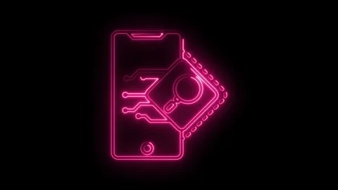 Neon mobile phone with data analysis graphic in pink for technology concept Video stock 315963938