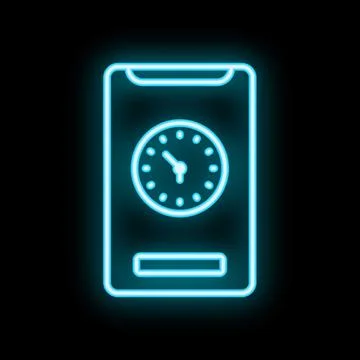 Neon mobile phone showing clock app icon on screen Stock Illustration