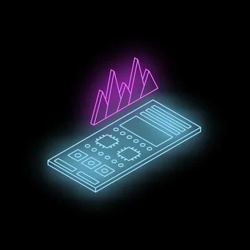 Neon mobile phone showing increasing statistics chart in isometric view Stock Illustration