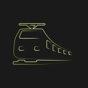 Neon modern train logo isolated on black background. Design element in concept Stock Illustration