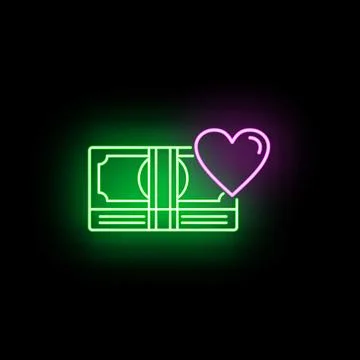 Neon money stack with glowing heart icon Stock Illustration