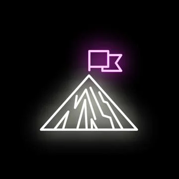 Neon mountain peak with flag representing success target Stock Illustration