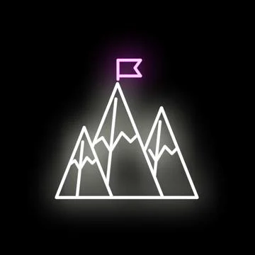 Neon mountain peak with flag representing achievement goals Stock Illustration