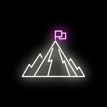 Neon mountain peak with flag symbolizing success Stock Illustration