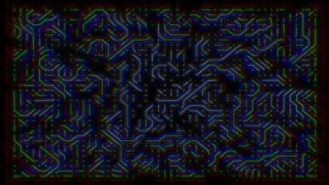 Neon multi-color microchip. Bright energy pulses on a digital grid. Video stock 318587380