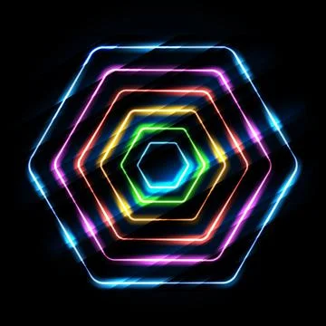 Neon multicolor hexagon on black background. Glowing honeycomb geometric shapes Stock Illustration