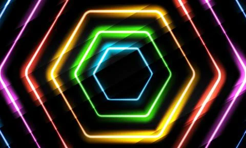 Neon multicolor hexagon on black background. Glowing honeycomb geometric shapes Stock Illustration