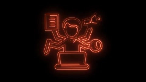 Neon multitasking concept shows a person with laptop handling time and comm.. Vidéo 309911329
