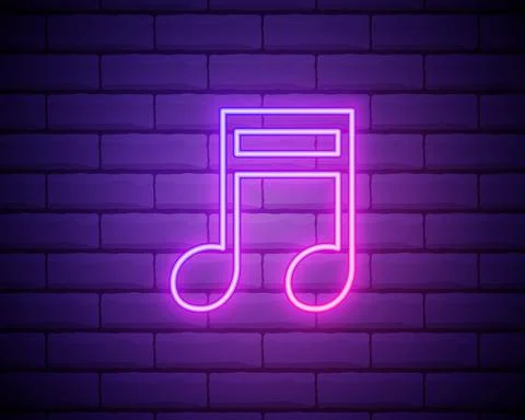 Neon music note on the brick wall, vector Eps 10 illustration. Colour neon mu Stock Illustration