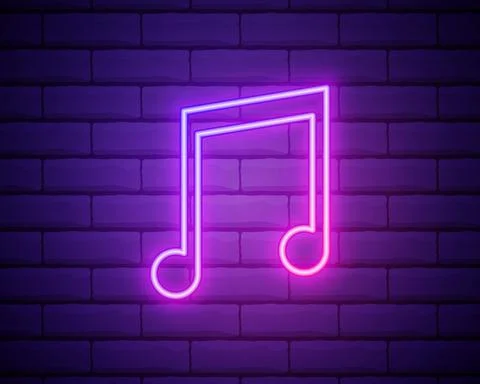 Neon music note on the brick wall, vector Eps 10 illustration. Colour neon mu Stock Illustration