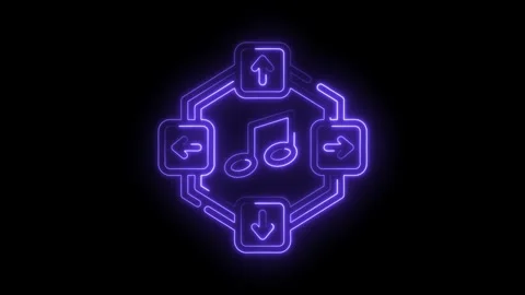 Neon music note surrounded by arrows animated on a black background seamless Stock Footage 330770824
