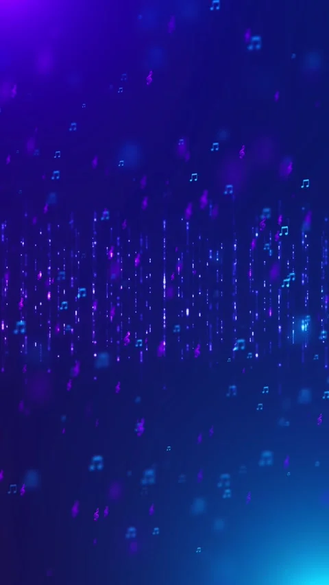 Neon music notes digital background purple blue glow, falling light streaks, flo Stock Footage 340573534