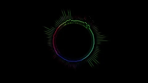 Neon music spectrum circle visual radial bars, glowing dotted ring, and black ce Stock Footage 340569614