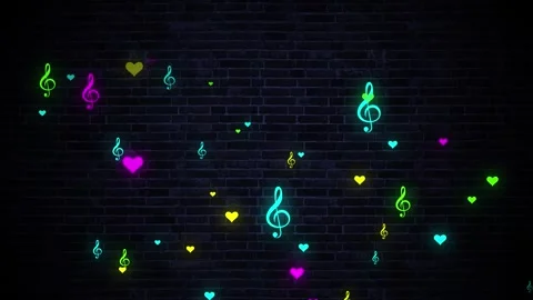 Neon musical notes and hearts flying on brick wall background, 4k loop animation Stock Footage 242201650