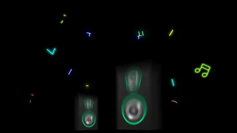 Neon musical notes floating around black audio speakers against dark background Stock Footage 345135082