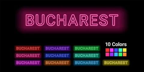 Neon name of Bucharest city Stock Illustration