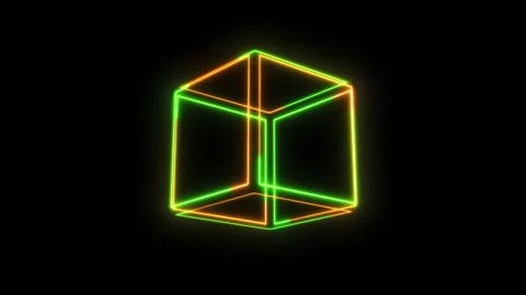 Neon Necker Cube Animation On Empty Black Background, Seamless Loop Rotation Video stock 154039811