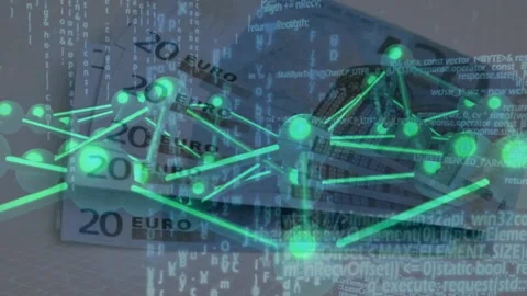 Neon network appearing left-top, expanding across stacked 20€ notes, pulsing to Stock Footage 329470996