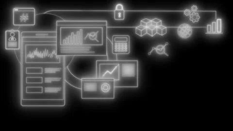Neon network of data and devices animated, Neon-style line animation of con.. Video stock 334764061