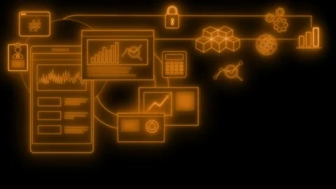 Neon network of data and devices animated, Neon-style line animation of con.. Video stock 334764189