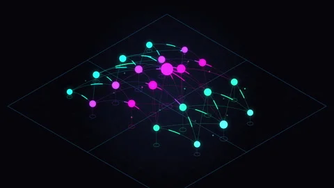 Neon network nodes connecting glowing data points in cyberspace Video stock 347248698