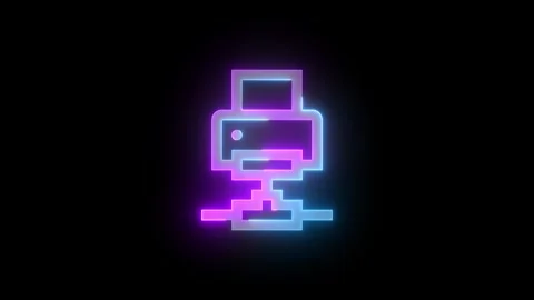 Neon network printer icon cyan purple color glowing animation black background Stock Footage 270308589