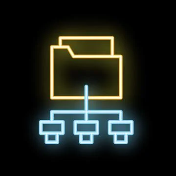 Neon network sharing folder icon glowing on black background Stock Illustration