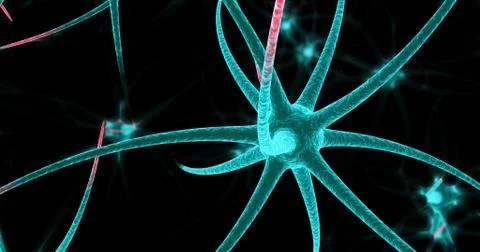 Neon neuron cells on the black background. 3D illustration Stock Illustration