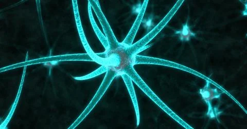Neon neuron cells on the black background. 3D illustration 스톡 일러스트