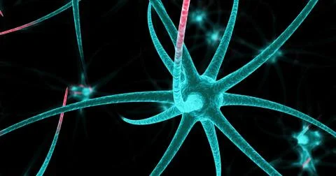 Neon neuron cells on the black background. 3D illustration 스톡 일러스트