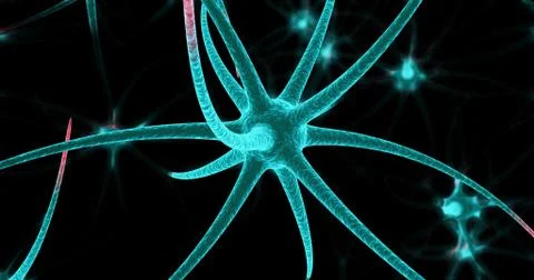 Neon neuron cells on the black background. 3D illustration 스톡 일러스트