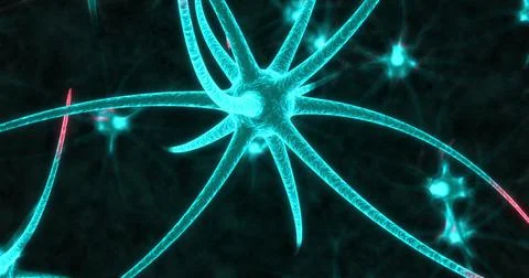Neon neuron cells on the black background. 3D illustration Illustrazione stock