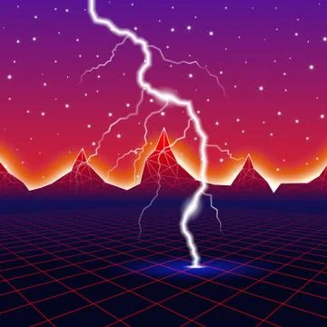 Neon new retro wave computer landscape with lightning 库存插图