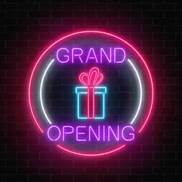 Neon new store grand opening with lottery and gift sign in circle shapes on a Stock Illustration