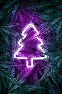 Neon New Year tree on background of marijuana leaves Stock Illustration