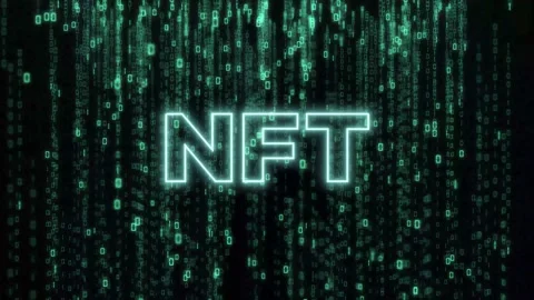 Neon NFT Inscription On Binary Code Matrix Background. Stock Footage 196229177