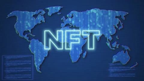 Neon NFT Inscription on Flowing Binary Code World Map Background. Stock Footage 196229585
