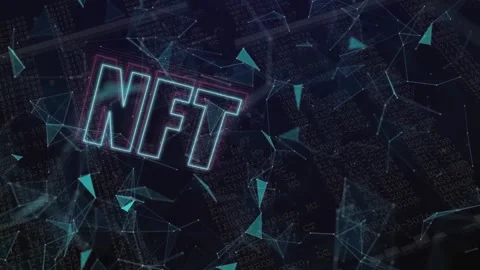 Neon nft text banner over plexus networks against data processing on black Stock Footage 194688024