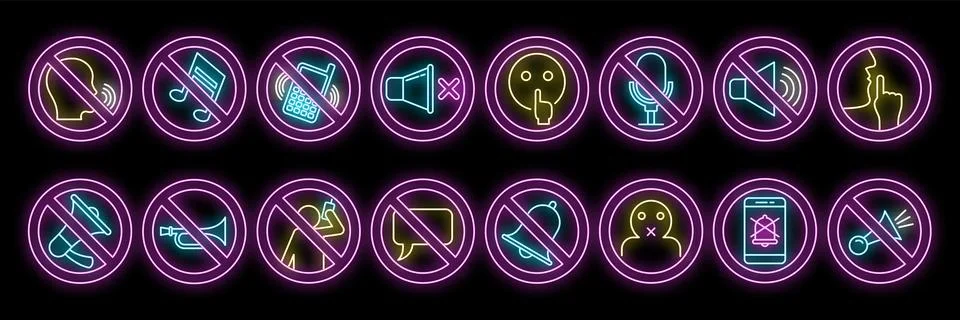 Neon no sound and noise prohibition signs set with editable stroke Stock Illustration